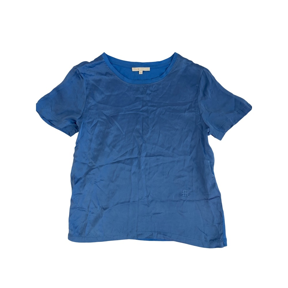 Maje Bleu Clair Satin Front Mixed Media Short Sleeve Logo Tee Shirt Size 1 S